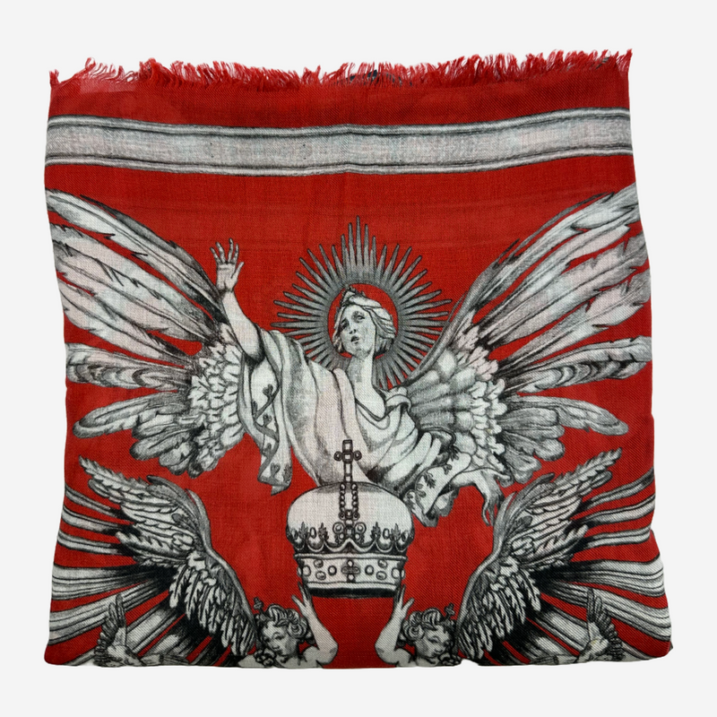 Alexander McQueen unisex red and white renaissance print modal and cashmere scarf