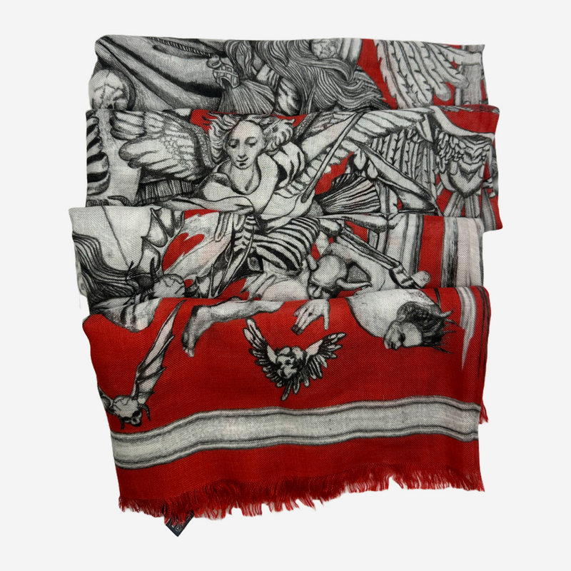 Alexander McQueen unisex red and white renaissance print modal and cashmere scarf