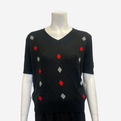 Prada women's knit black sweater with grey and red diamond pattern