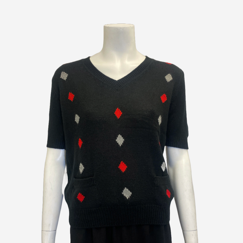 Prada women's knit black sweater with grey and red diamond pattern