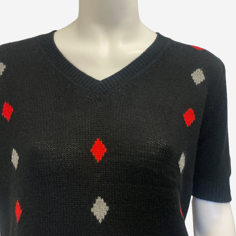 Prada women's knit black sweater with grey and red diamond pattern