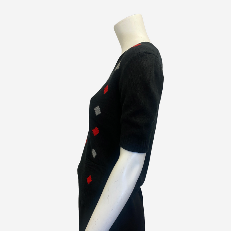 Prada women's knit black sweater with grey and red diamond pattern