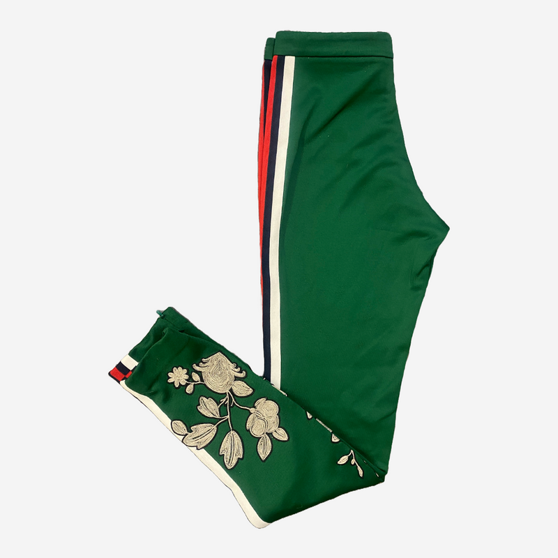Gucci green cotton track pants with web stripes and floral embroidery