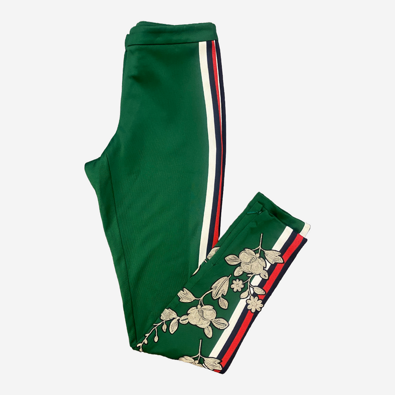 Gucci green cotton track pants with web stripes and floral embroidery