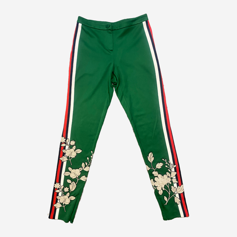 Gucci green cotton track pants with web stripes and floral embroidery