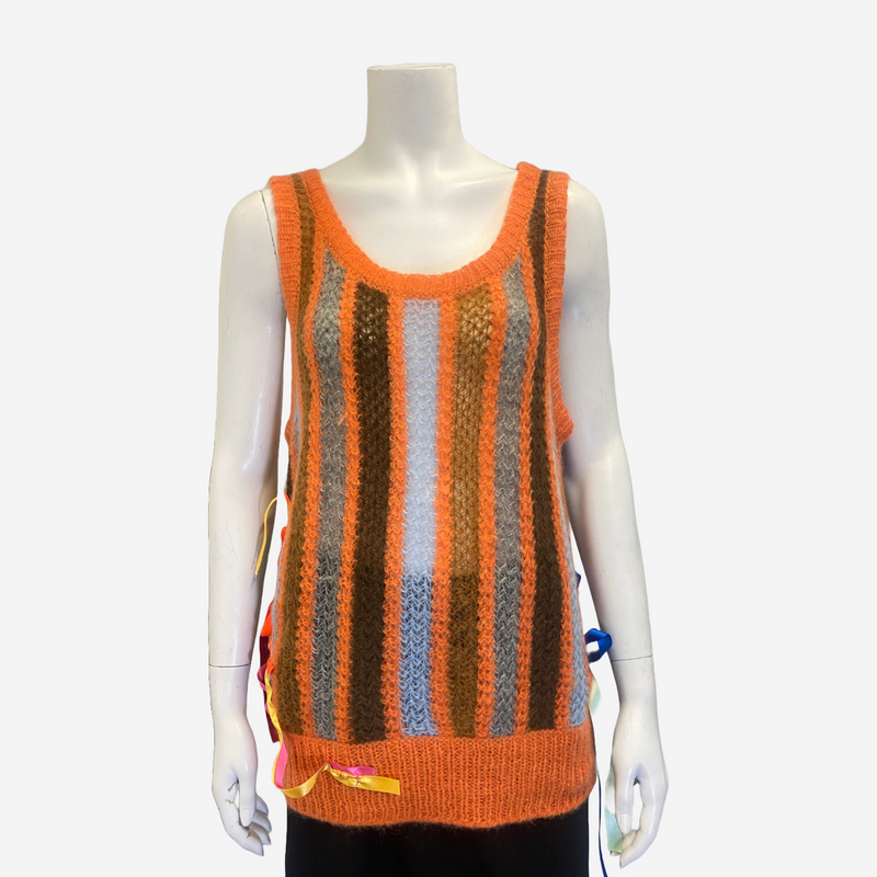 Miu Miu women's orange mohair sweater vest with colourful ribbons