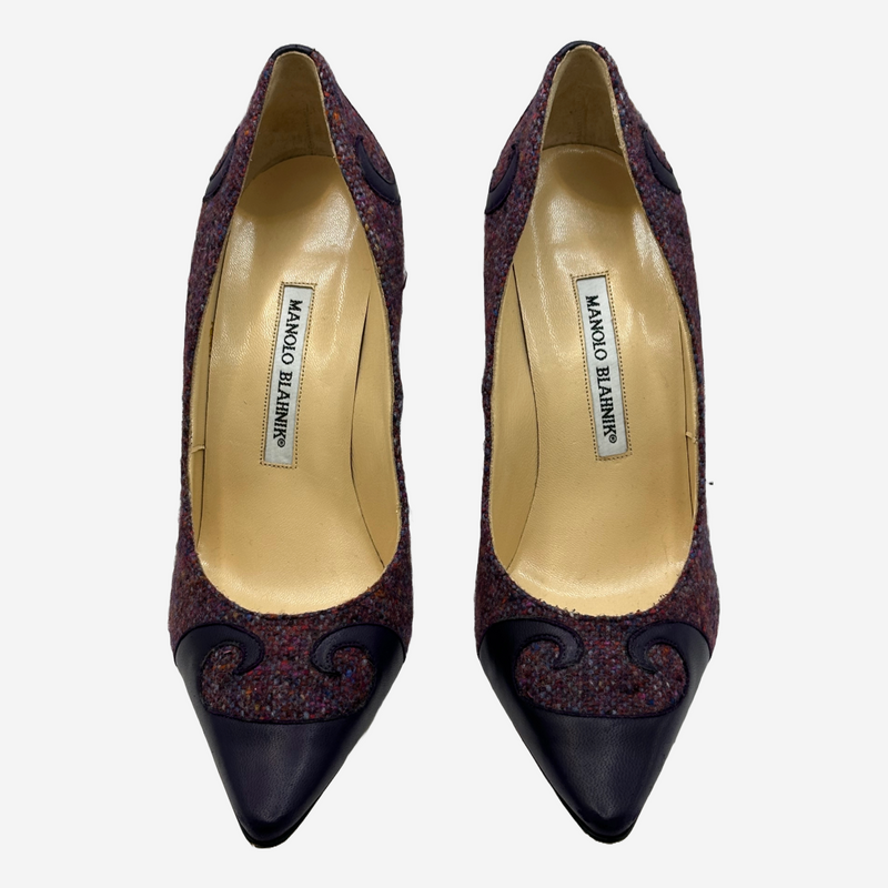 Manolo Blahnik purple tweed and leather pumps