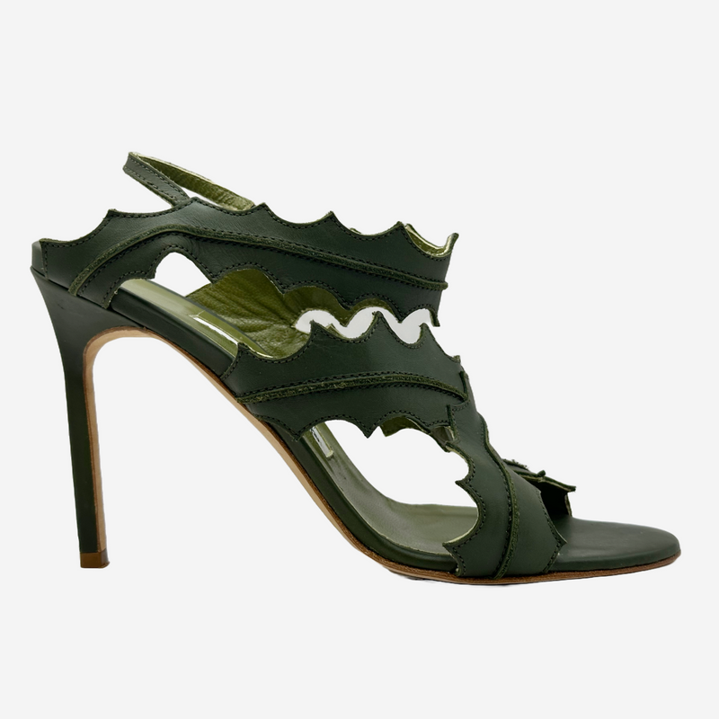 Manolo Blahnik olive green leather leafs sandal heels