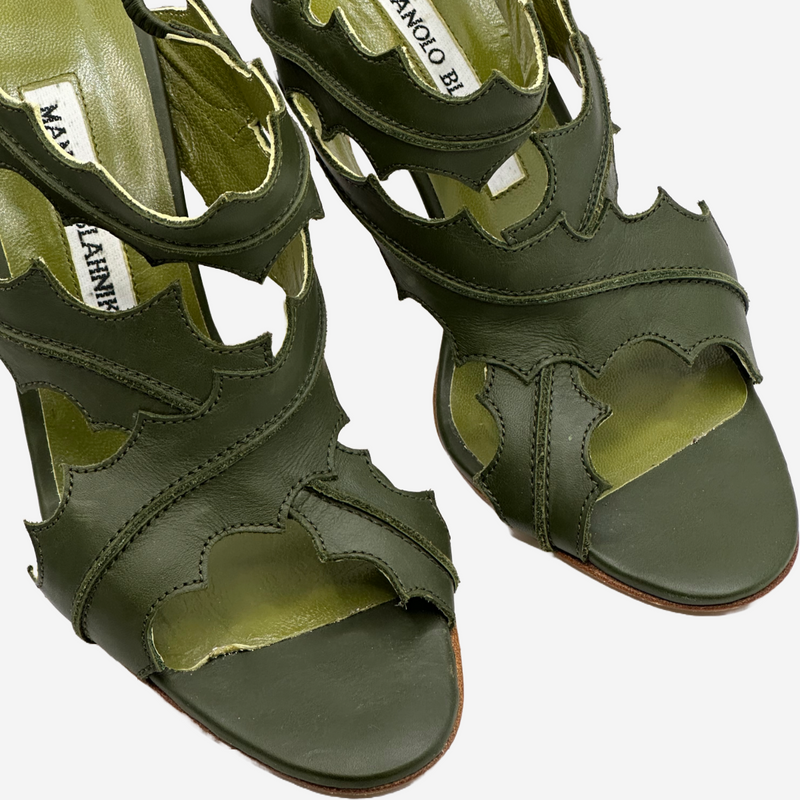 Manolo Blahnik olive green leather leafs sandal heels