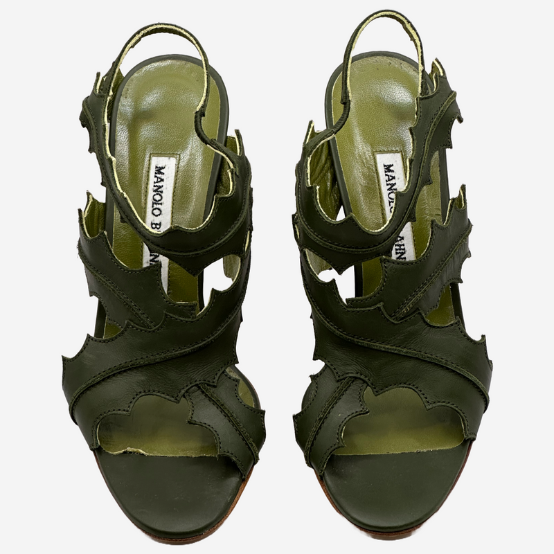 Manolo Blahnik olive green leather leafs sandal heels