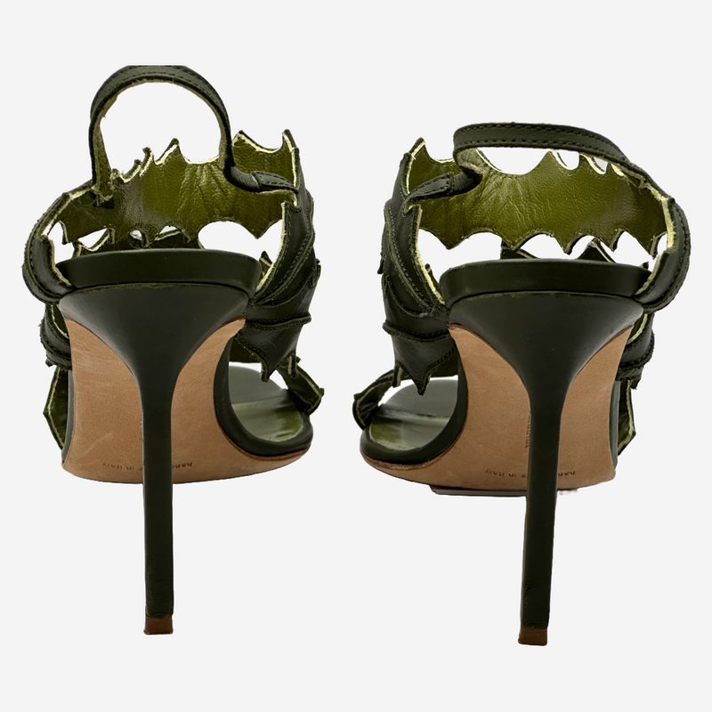 Manolo Blahnik olive green leather leafs sandal heels