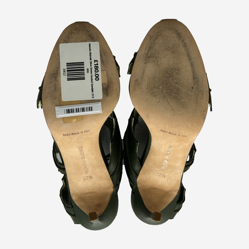 Manolo Blahnik olive green leather leafs sandal heels