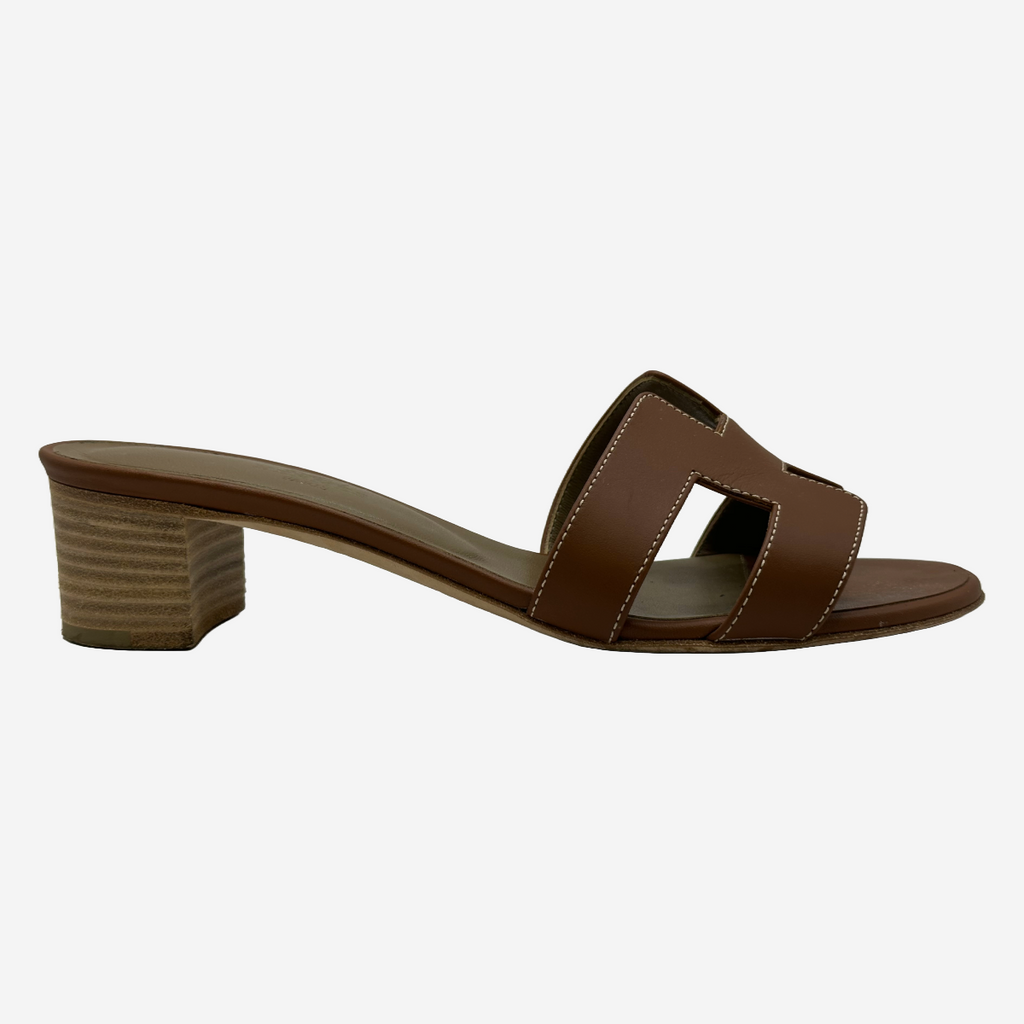 Hermes women s tan leather Oasis sandal heels