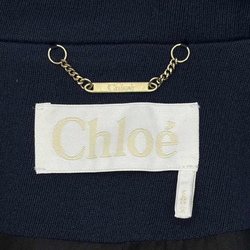 Chloe women's navy wool side fastening long coat