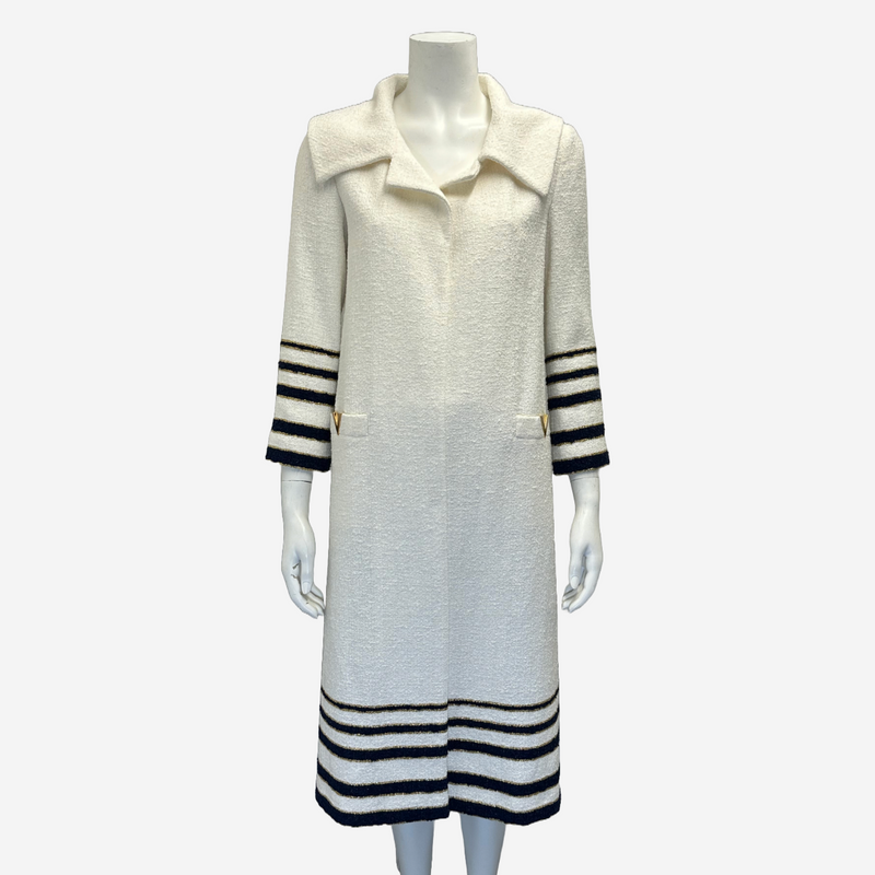 Valentino women's white cotton 3/4 sleeves coat with navy stripe details