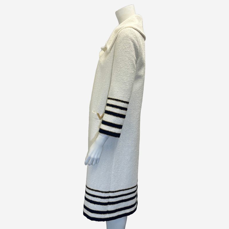 Valentino women's white cotton 3/4 sleeves coat with navy stripe details