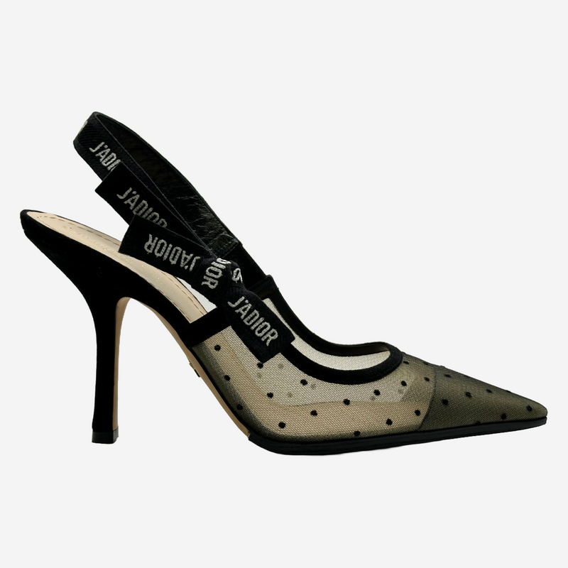 Christian Dior black polka dot tulle sling-back J'Adior heels
