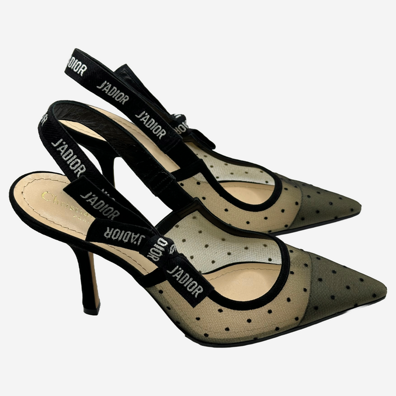 Christian Dior black polka dot tulle sling-back J'Adior heels
