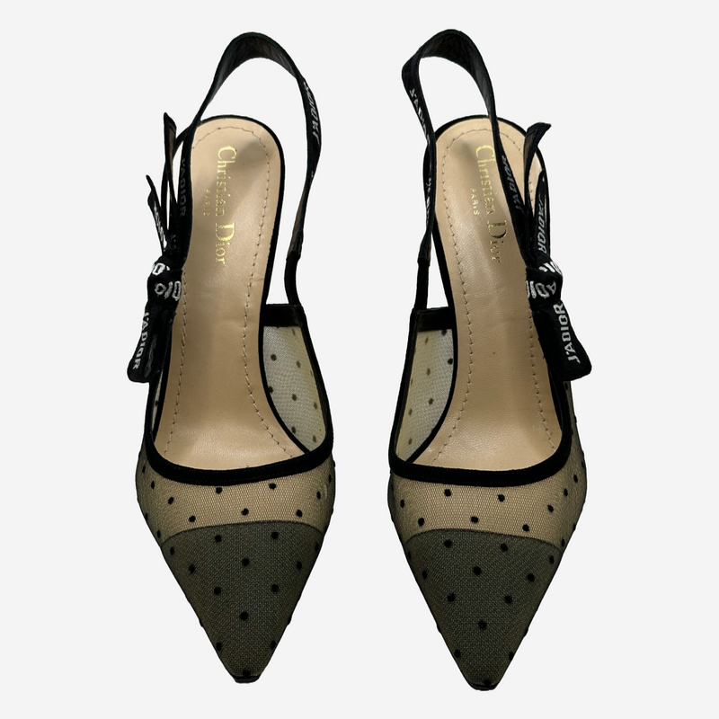 Christian Dior black polka dot tulle sling-back J'Adior heels