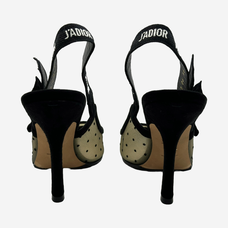 Christian Dior black polka dot tulle sling-back J'Adior heels
