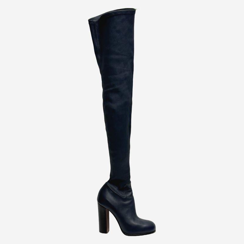 Celine women's navy structured leather Knee-High boots