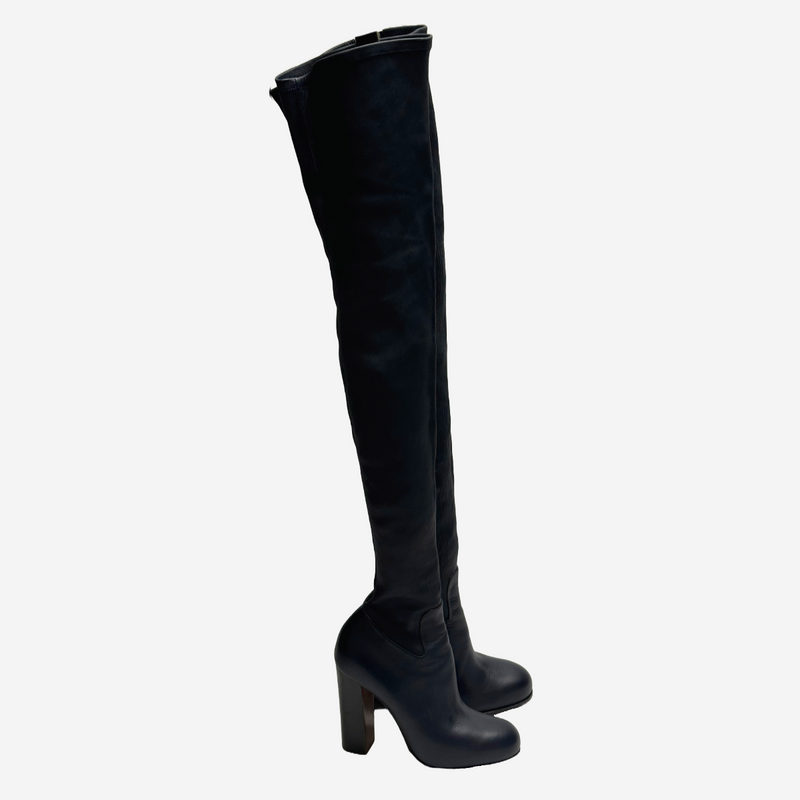 Celine women's navy structured leather Knee-High boots