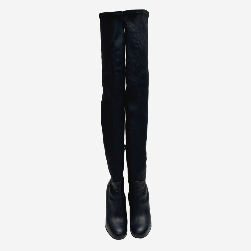 Celine women's navy structured leather Knee-High boots