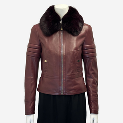 Bally women's burgundy leather biker jacket with fox fur collar detail