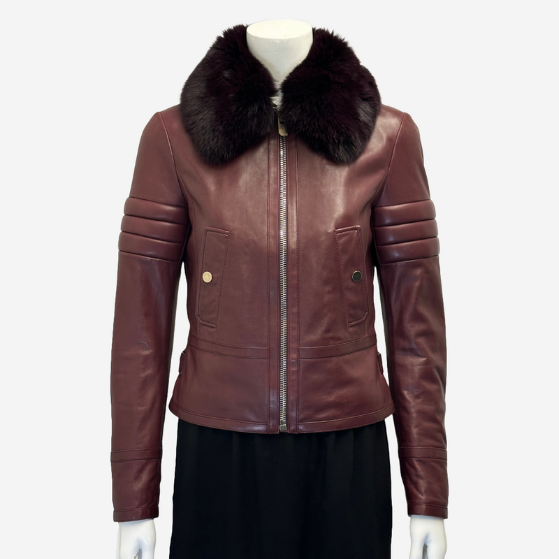 Bally women's burgundy leather biker jacket with fox fur collar detail