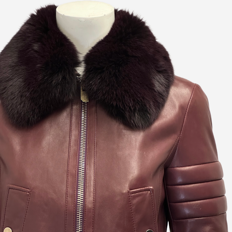 Bally women's burgundy leather biker jacket with fox fur collar detail