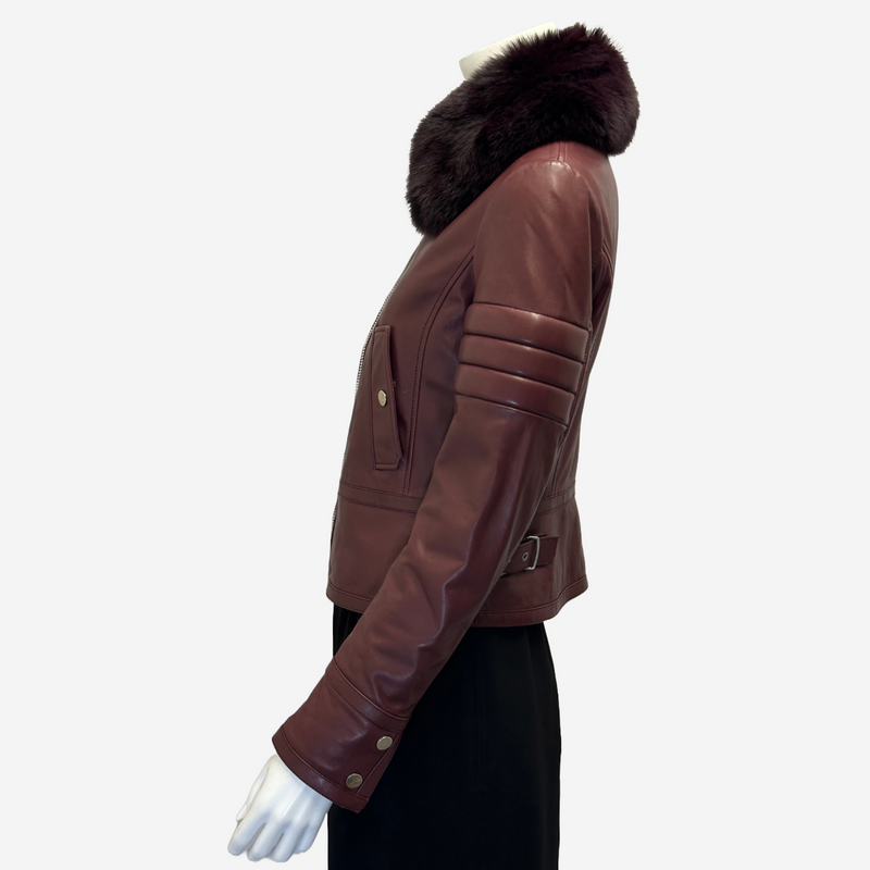 Bally women's burgundy leather biker jacket with fox fur collar detail
