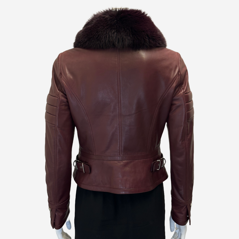 Bally women's burgundy leather biker jacket with fox fur collar detail