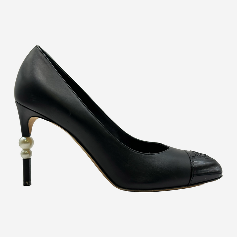 Chanel women's black leather pumps with faux logo pear details at the heels