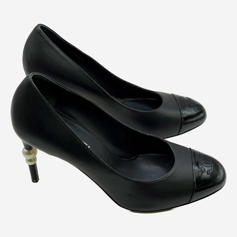 Chanel women's black leather pumps with faux logo pear details at the heels