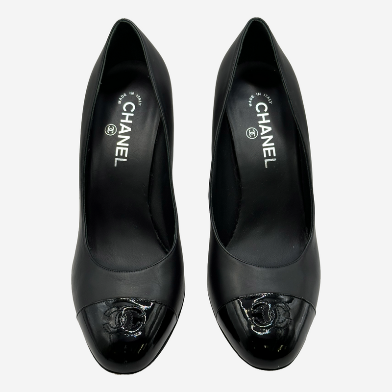 Chanel women's black leather pumps with faux logo pear details at the heels