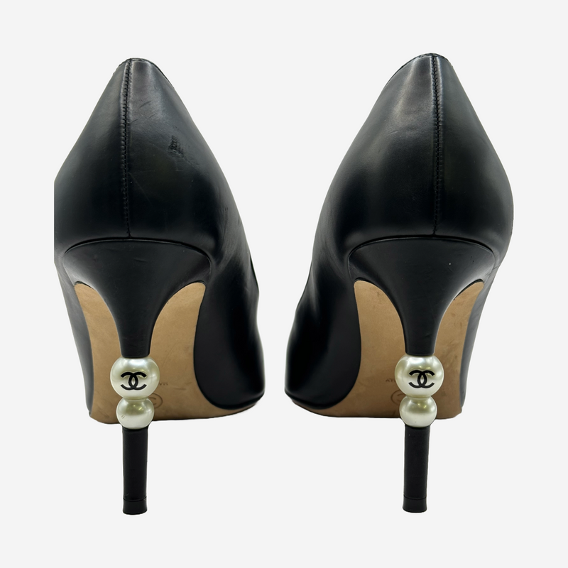 Chanel women's black leather pumps with faux logo pear details at the heels