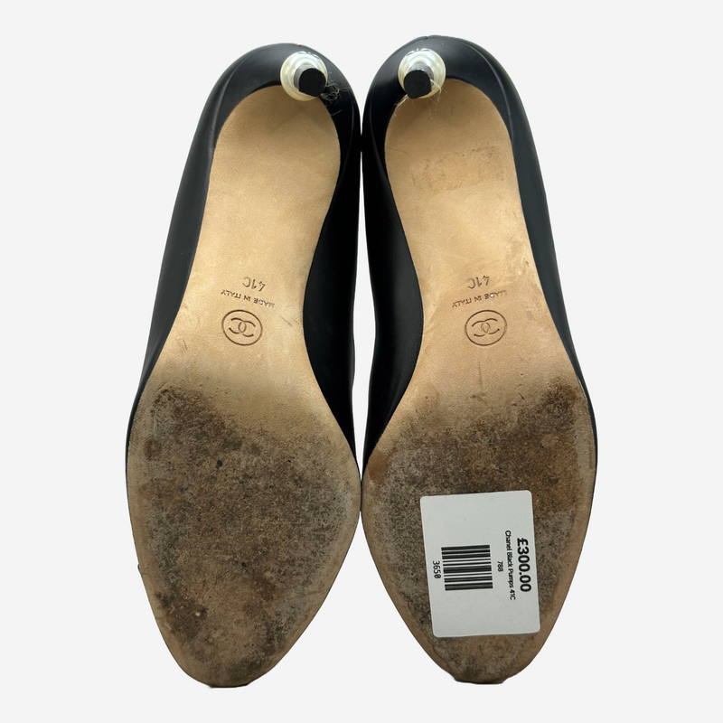 Chanel women's black leather pumps with faux logo pear details at the heels