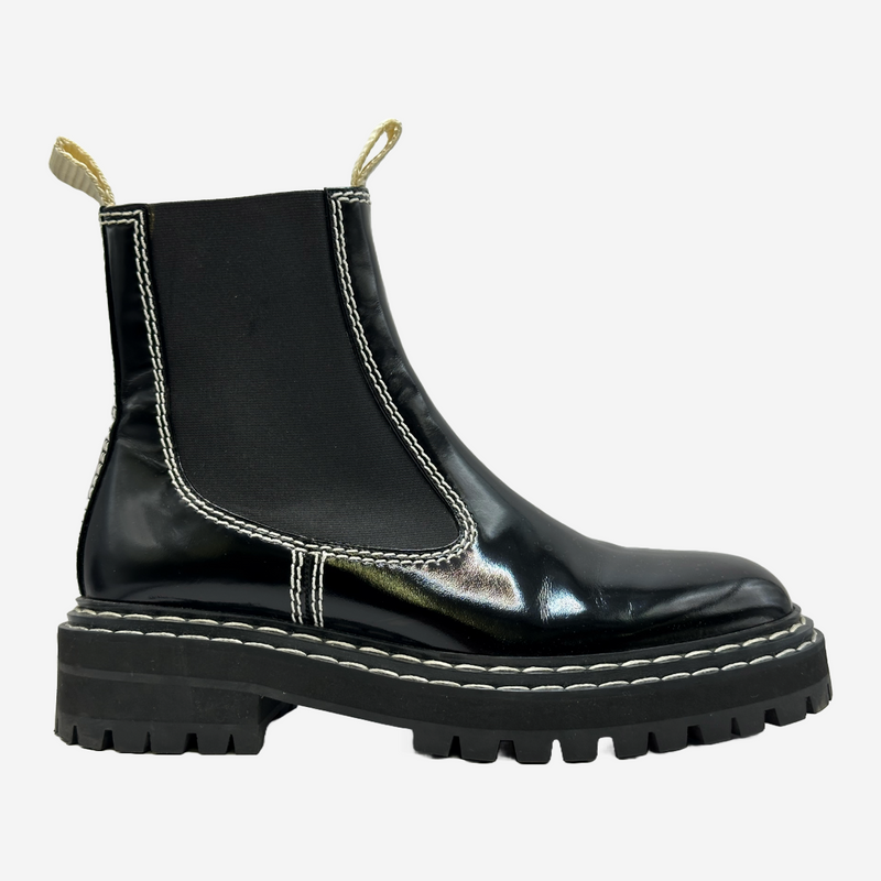 Proenza Schouler women's black patent leather white stitching ankle boots