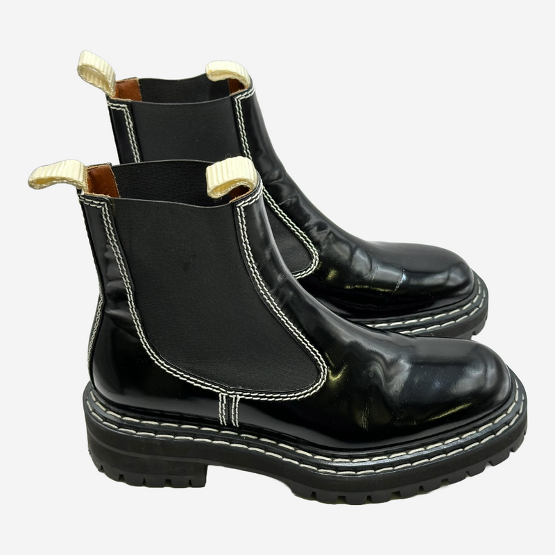 Proenza Schouler women's black patent leather white stitching ankle boots