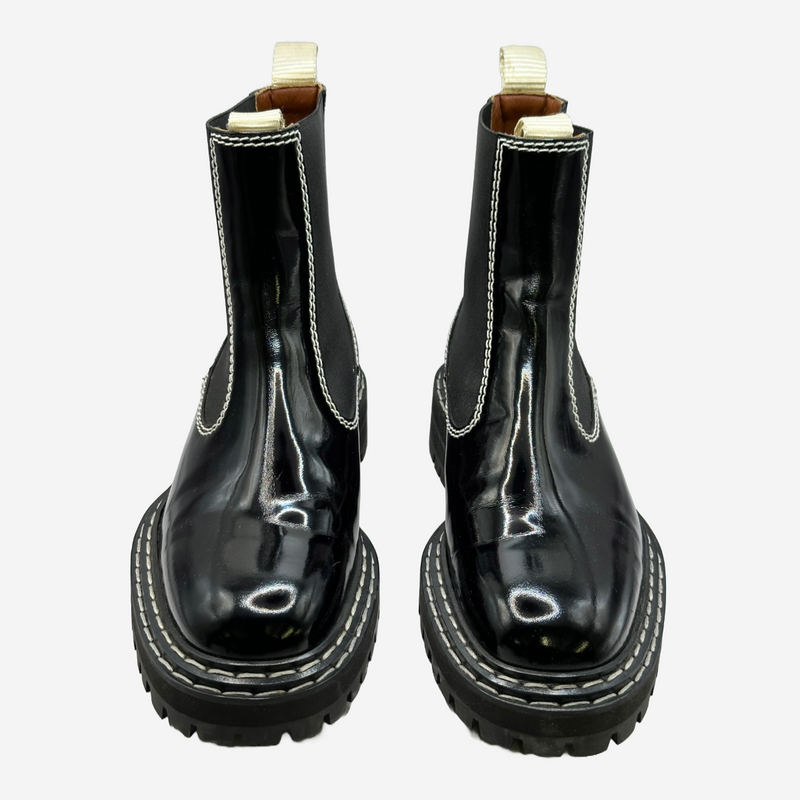 Proenza Schouler women's black patent leather white stitching ankle boots