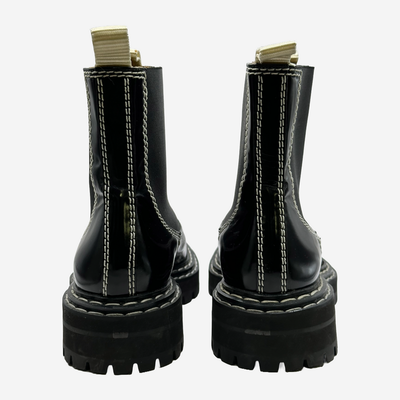 Proenza Schouler women's black patent leather white stitching ankle boots