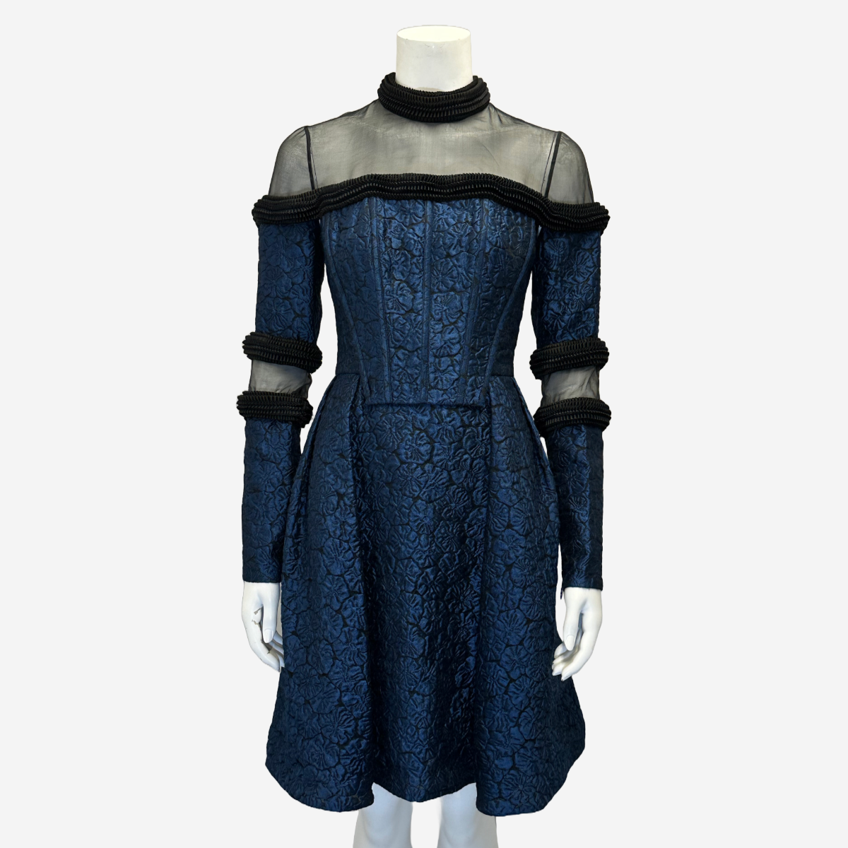 Erdem blue and black flower brocade long sleeved dress – Loop Generation