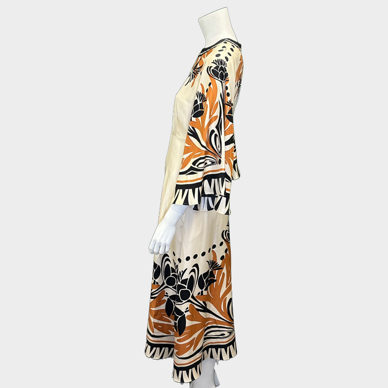 La Double J ecru and beige printed silk dress with flared sleeves