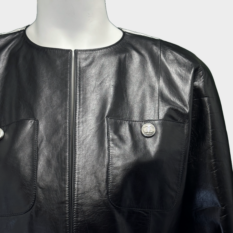 Chanel women's black and white leather cropped biker jacket