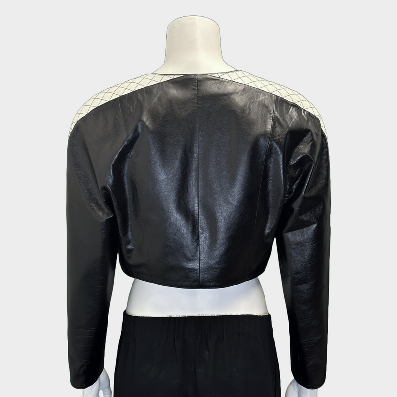 Chanel women's black and white leather cropped biker jacket