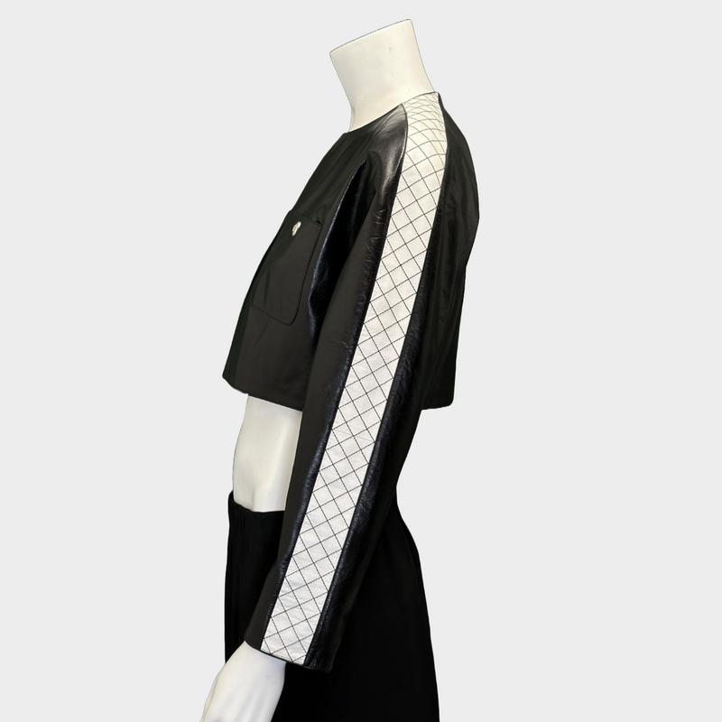 Chanel women's black and white leather cropped biker jacket