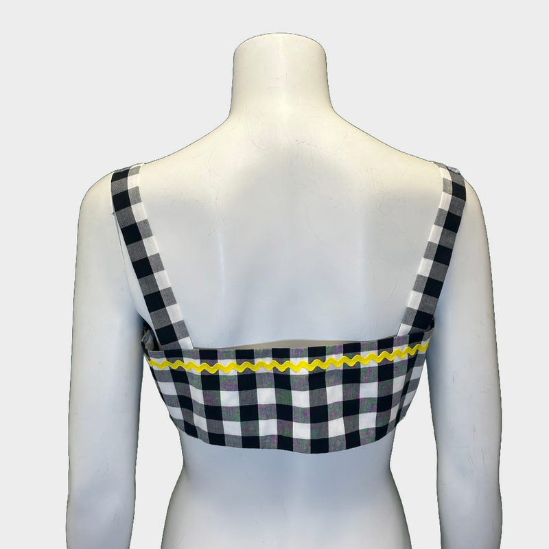 Prada women's black and white checkered set of top and trousers with yellow logo detail
