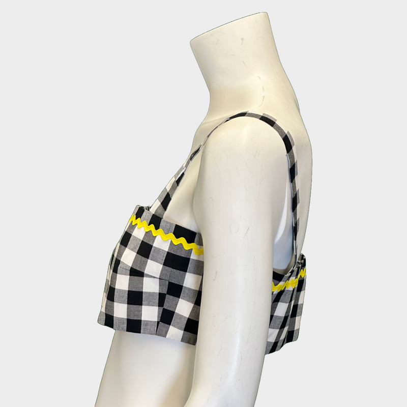Prada women's black and white checkered set of top and trousers with yellow logo detail