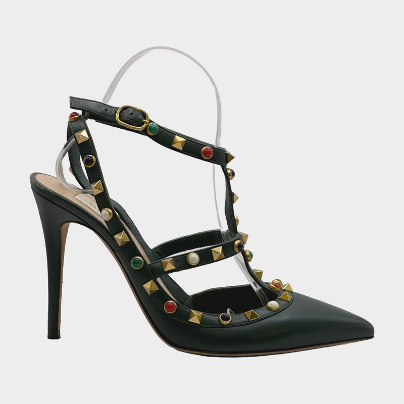 Valentino military green leather rockstud heels