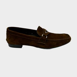 Prada men's brown suede loafers with silver emblem